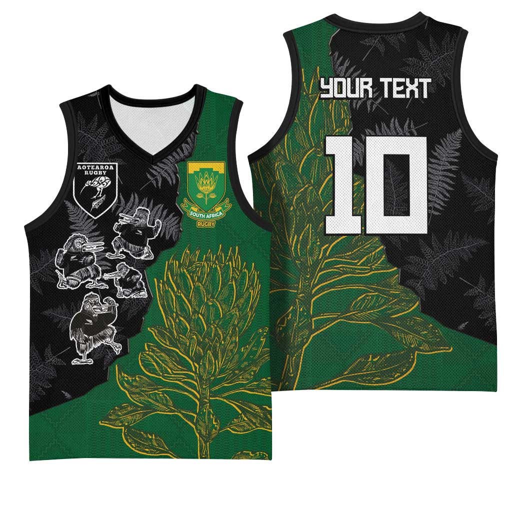 Custom Aotearoa South Africa Rugby Freedom Cup Basketball Jersey Kiwi Warriors Haka with King Protea Symbol - Polynesian Pride