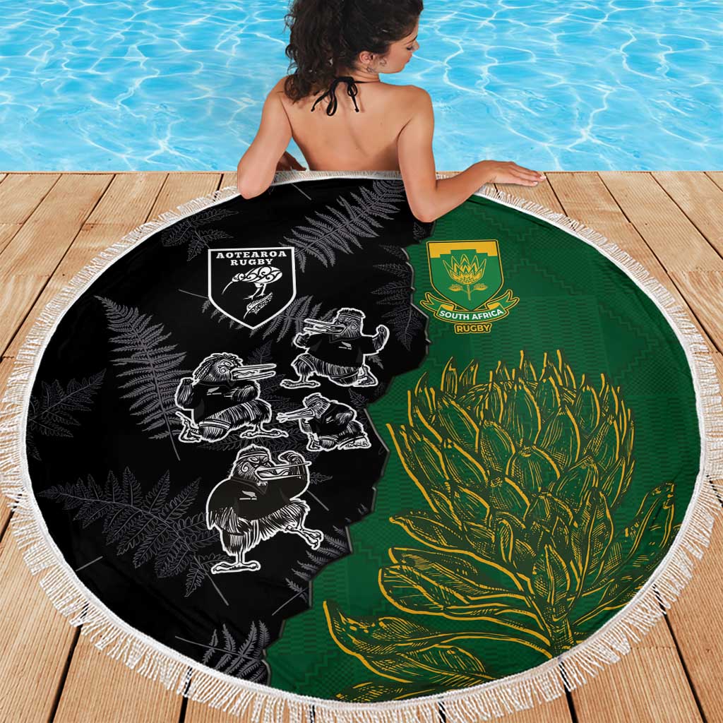 Aotearoa South Africa Rugby Freedom Cup Beach Blanket Kiwi Warriors Haka with King Protea Symbol - Polynesian Pride
