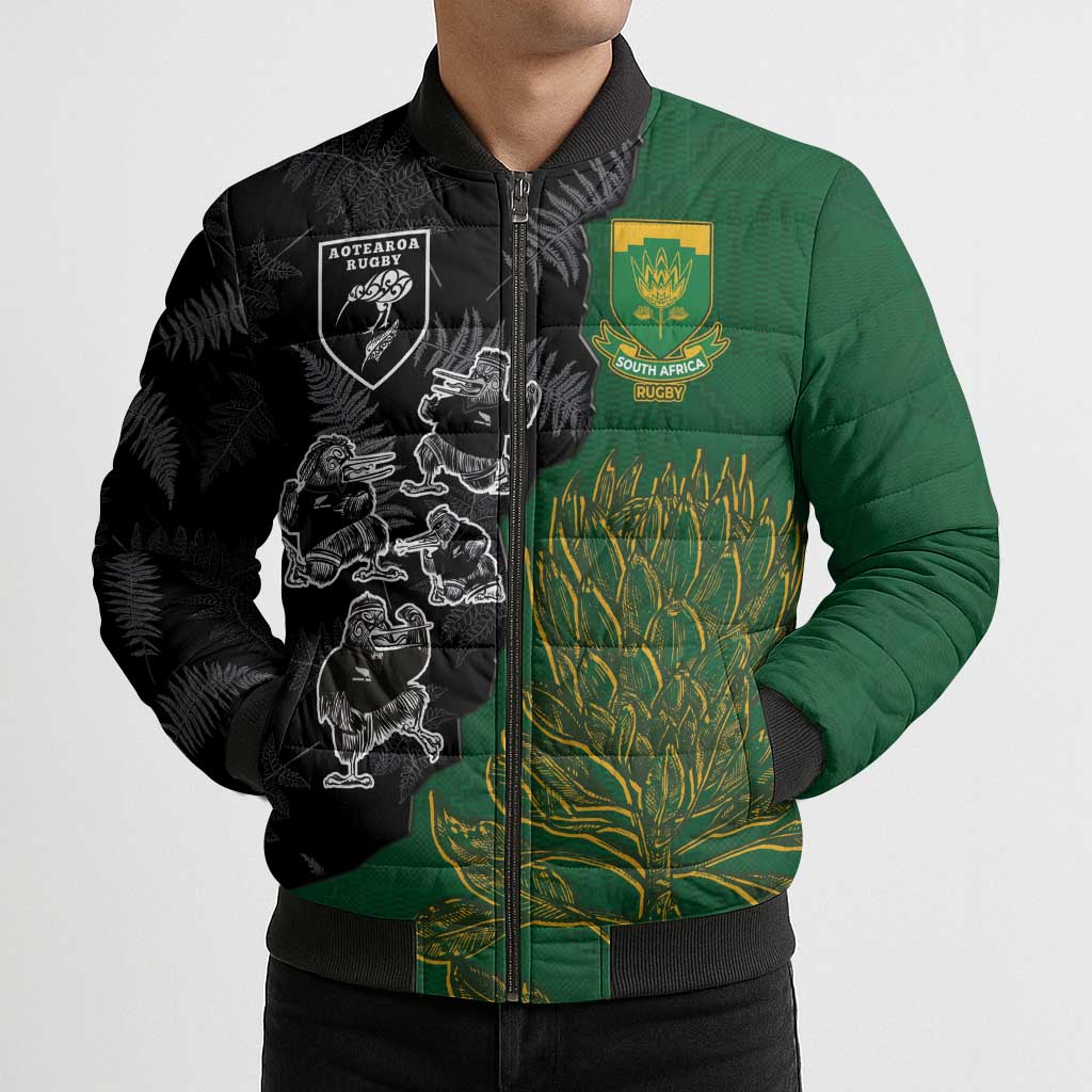 Custom Aotearoa South Africa Rugby Freedom Cup Bomber Puffer Jacket Kiwi Warriors Haka with King Protea Symbol - Polynesian Pride