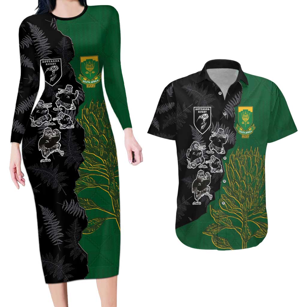 Custom Aotearoa South Africa Rugby Freedom Cup Couples Matching Long Sleeve Bodycon Dress and Hawaiian Shirt Kiwi Warriors Haka with King Protea Symbol - Polynesian Pride