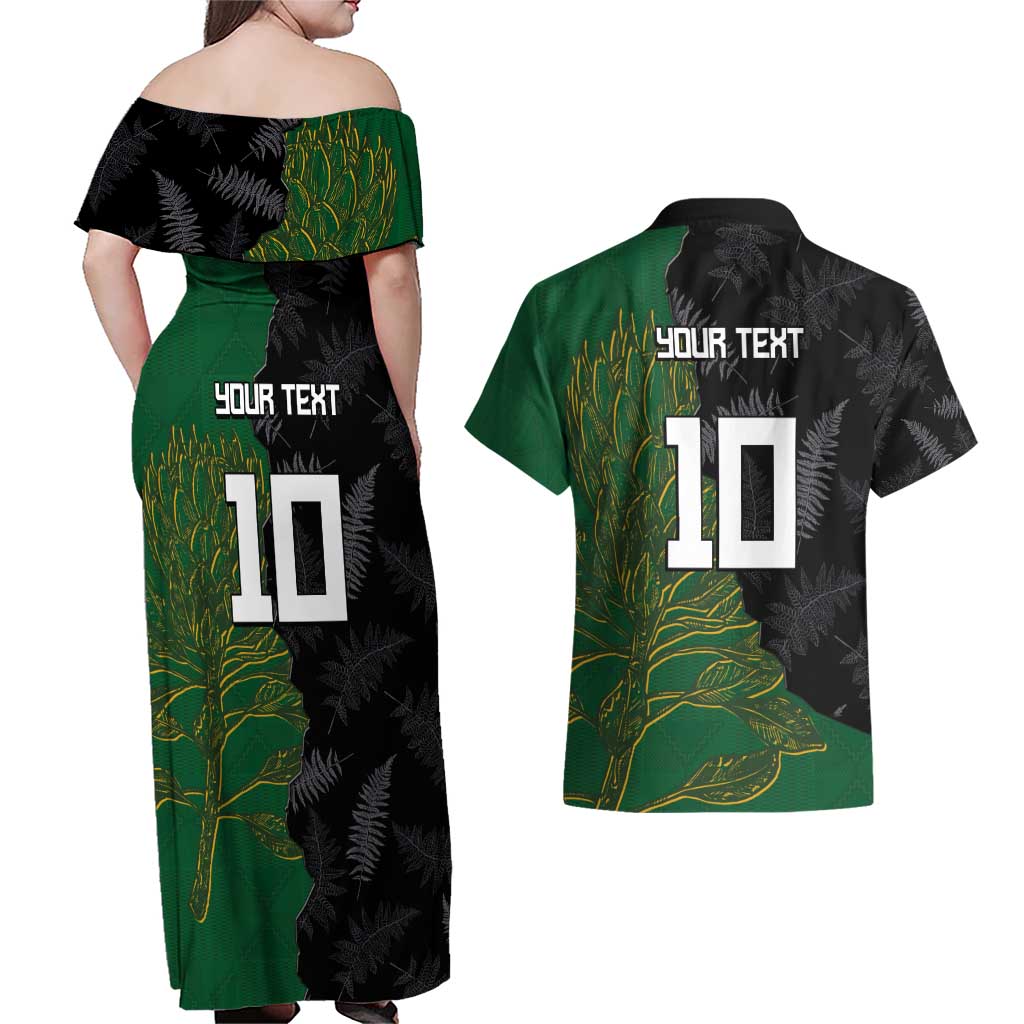 Custom Aotearoa South Africa Rugby Freedom Cup Couples Matching Off Shoulder Maxi Dress and Hawaiian Shirt Kiwi Warriors Haka with King Protea Symbol - Polynesian Pride