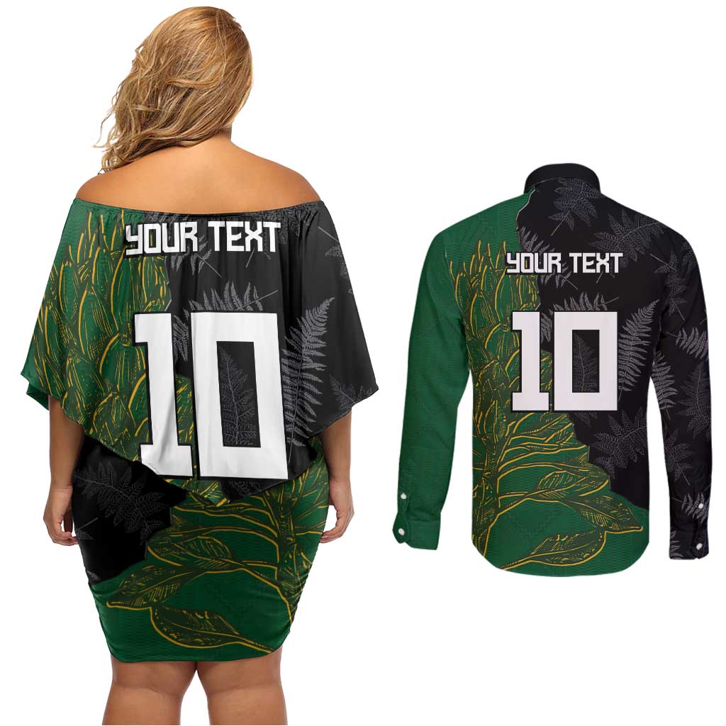 Custom Aotearoa South Africa Rugby Freedom Cup Couples Matching Off Shoulder Short Dress and Long Sleeve Button Shirt Kiwi Warriors Haka with King Protea Symbol - Polynesian Pride