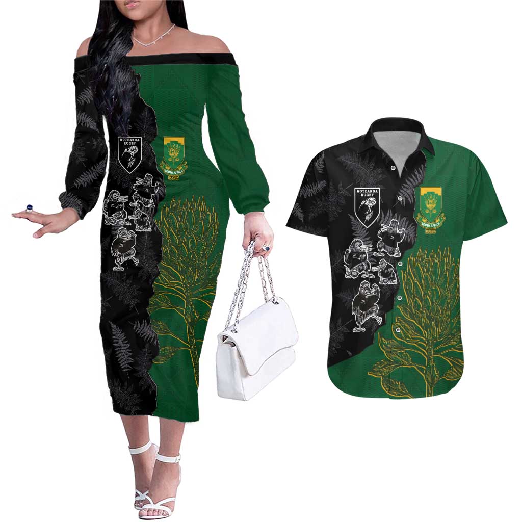 Custom Aotearoa South Africa Rugby Freedom Cup Couples Matching Off The Shoulder Long Sleeve Dress and Hawaiian Shirt Kiwi Warriors Haka with King Protea Symbol - Polynesian Pride