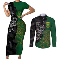 Custom Aotearoa South Africa Rugby Freedom Cup Couples Matching Short Sleeve Bodycon Dress and Long Sleeve Button Shirt Kiwi Warriors Haka with King Protea Symbol - Polynesian Pride
