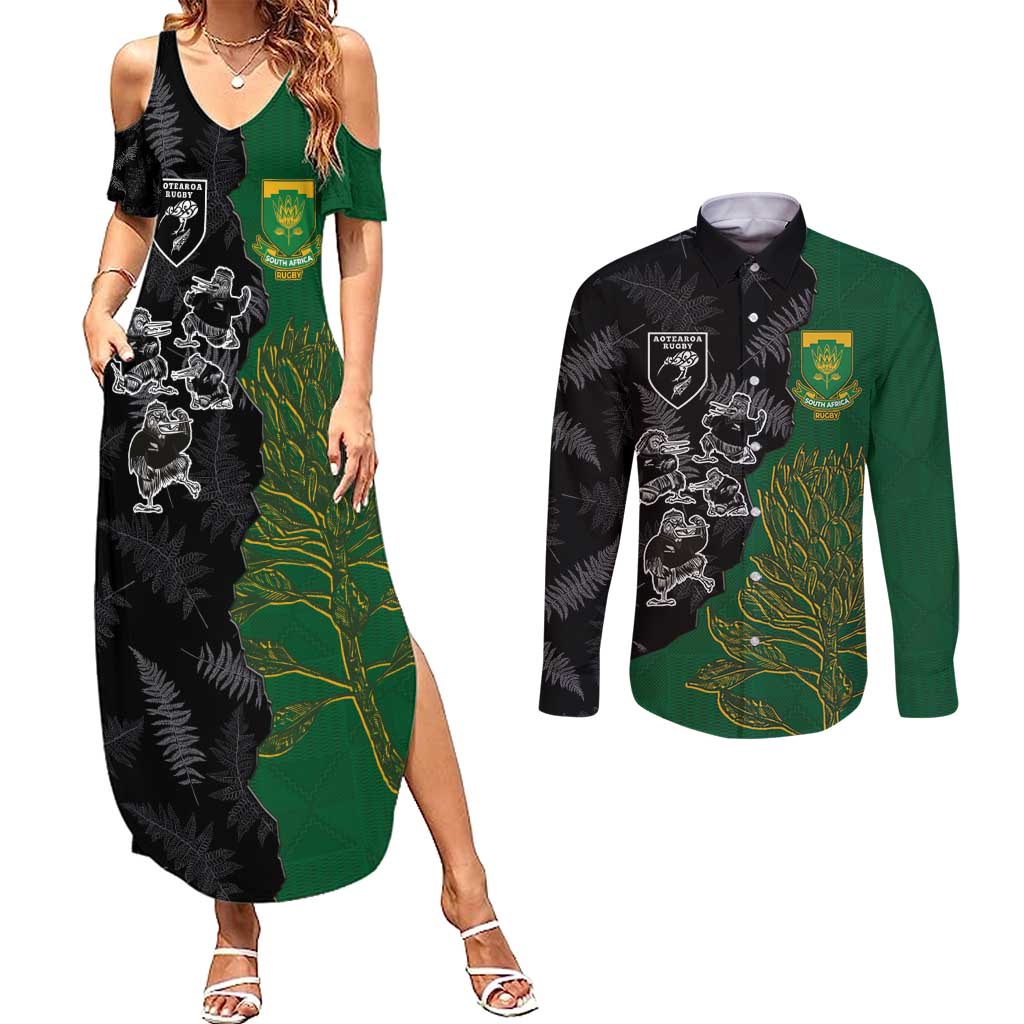 Custom Aotearoa South Africa Rugby Freedom Cup Couples Matching Summer Maxi Dress and Long Sleeve Button Shirt Kiwi Warriors Haka with King Protea Symbol - Polynesian Pride