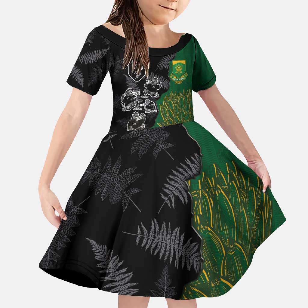 Custom Aotearoa South Africa Rugby Freedom Cup Family Matching Long Sleeve Bodycon Dress and Hawaiian Shirt Kiwi Warriors Haka with King Protea Symbol LT03 Daughter's Dress Green - Polynesian Pride