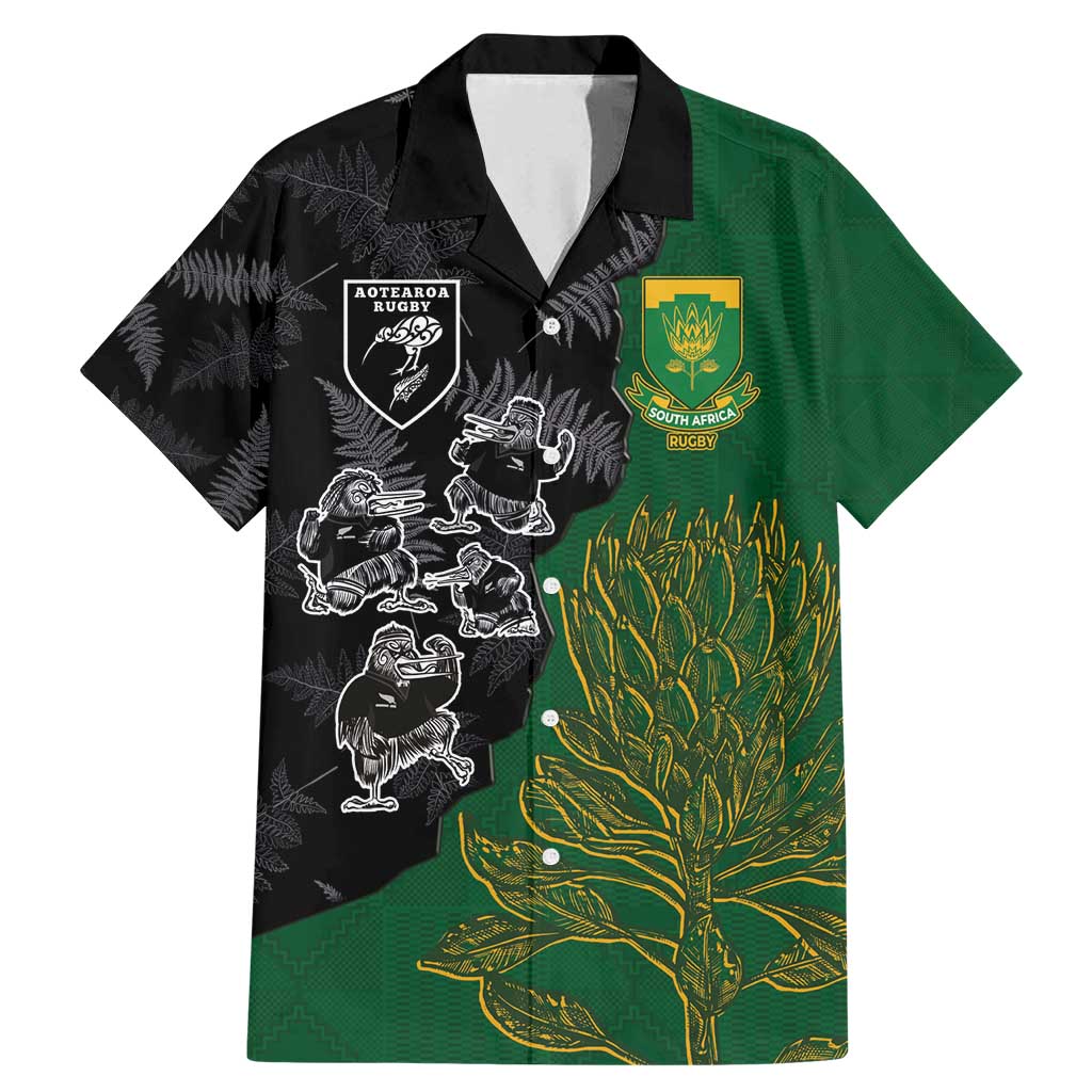 Custom Aotearoa South Africa Rugby Freedom Cup Family Matching Mermaid Dress and Hawaiian Shirt Kiwi Warriors Haka with King Protea Symbol LT03 Dad's Shirt - Short Sleeve Green - Polynesian Pride