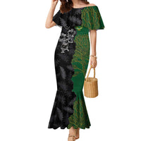 Custom Aotearoa South Africa Rugby Freedom Cup Family Matching Mermaid Dress and Hawaiian Shirt Kiwi Warriors Haka with King Protea Symbol LT03 Mom's Dress Green - Polynesian Pride
