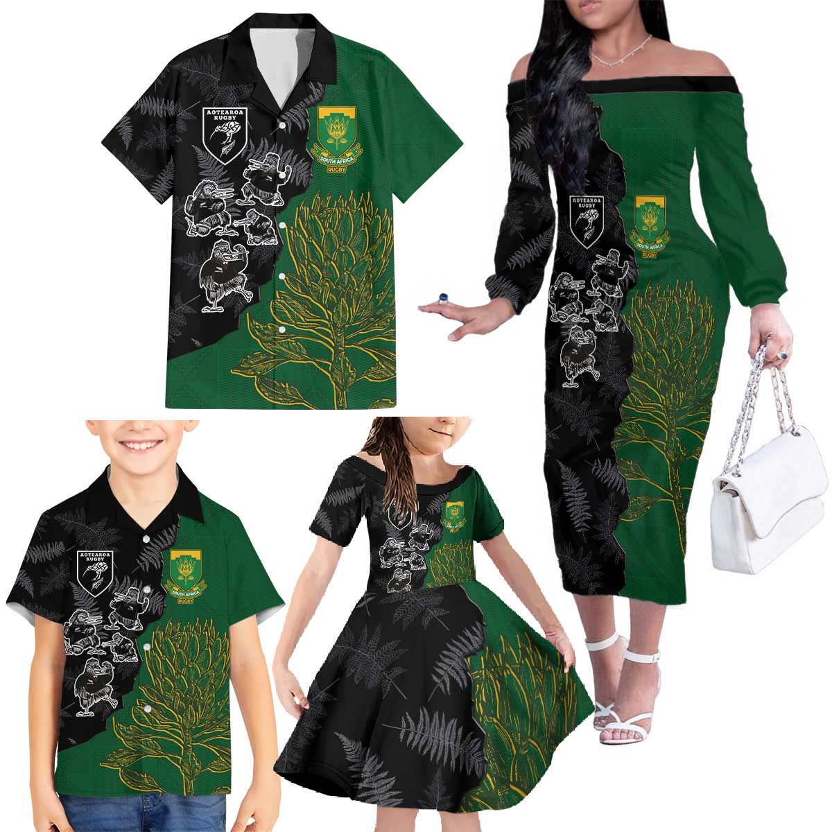 Custom Aotearoa South Africa Rugby Freedom Cup Family Matching Off The Shoulder Long Sleeve Dress and Hawaiian Shirt Kiwi Warriors Haka with King Protea Symbol - Polynesian Pride