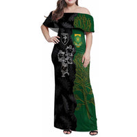 Custom Aotearoa South Africa Rugby Freedom Cup Family Matching Off Shoulder Maxi Dress and Hawaiian Shirt Kiwi Warriors Haka with King Protea Symbol - Polynesian Pride