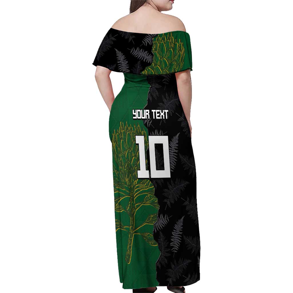 Custom Aotearoa South Africa Rugby Freedom Cup Family Matching Off Shoulder Maxi Dress and Hawaiian Shirt Kiwi Warriors Haka with King Protea Symbol - Polynesian Pride
