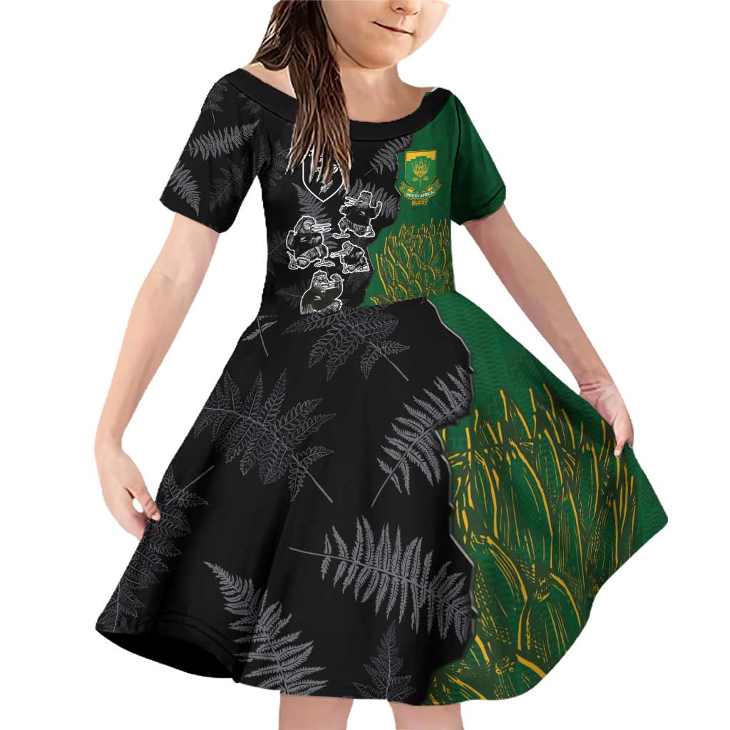 Custom Aotearoa South Africa Rugby Freedom Cup Family Matching Off Shoulder Short Dress and Hawaiian Shirt Kiwi Warriors Haka with King Protea Symbol - Polynesian Pride
