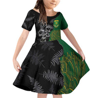 Custom Aotearoa South Africa Rugby Freedom Cup Family Matching Off Shoulder Short Dress and Hawaiian Shirt Kiwi Warriors Haka with King Protea Symbol - Polynesian Pride