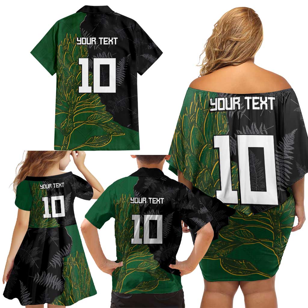 Custom Aotearoa South Africa Rugby Freedom Cup Family Matching Off Shoulder Short Dress and Hawaiian Shirt Kiwi Warriors Haka with King Protea Symbol - Polynesian Pride