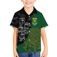 Custom Aotearoa South Africa Rugby Freedom Cup Family Matching Off Shoulder Short Dress and Hawaiian Shirt Kiwi Warriors Haka with King Protea Symbol - Polynesian Pride