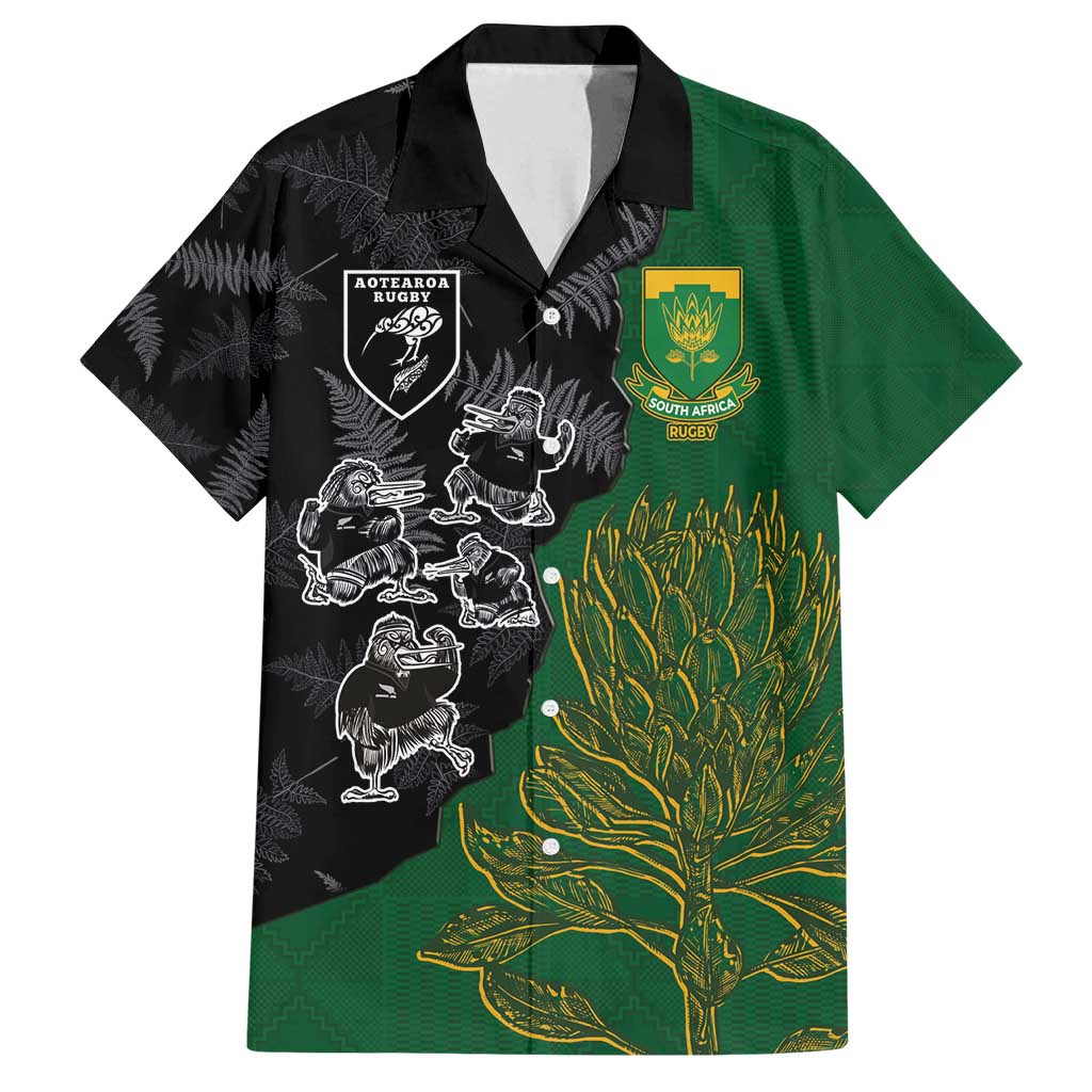 Custom Aotearoa South Africa Rugby Freedom Cup Family Matching Puletasi and Hawaiian Shirt Kiwi Warriors Haka with King Protea Symbol LT03 Dad's Shirt - Short Sleeve Green - Polynesian Pride