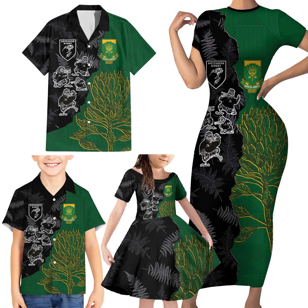 Custom Aotearoa South Africa Rugby Freedom Cup Family Matching Short Sleeve Bodycon Dress and Hawaiian Shirt Kiwi Warriors Haka with King Protea Symbol LT03 - Polynesian Pride