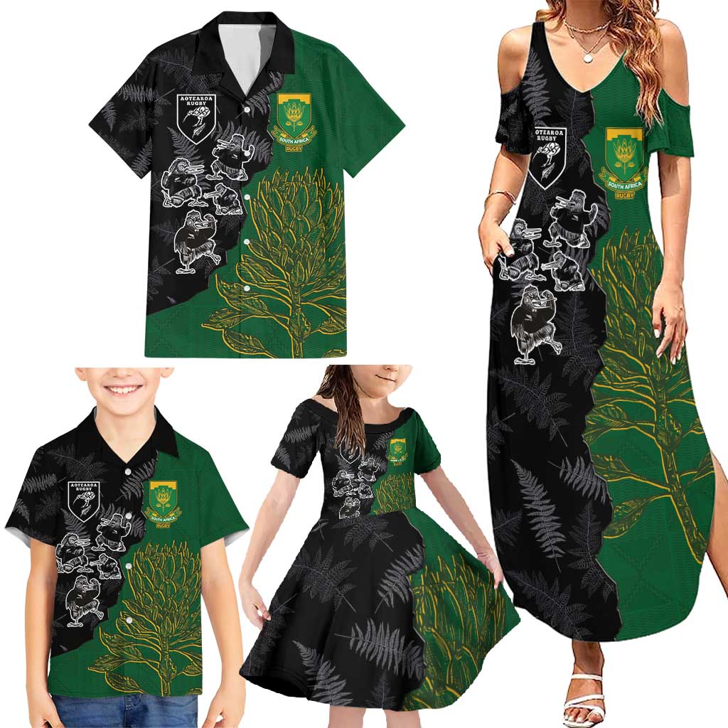 Custom Aotearoa South Africa Rugby Freedom Cup Family Matching Summer Maxi Dress and Hawaiian Shirt Kiwi Warriors Haka with King Protea Symbol LT03 - Polynesian Pride