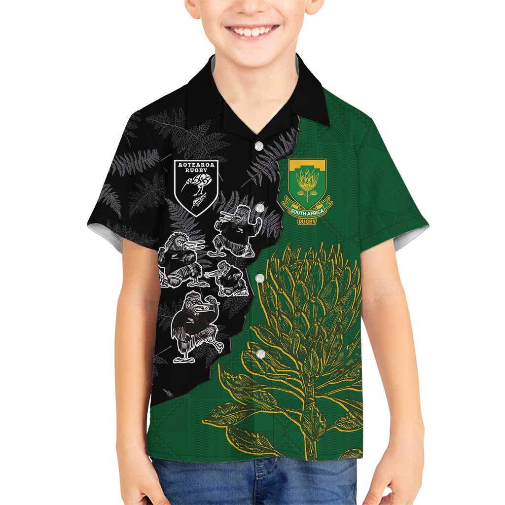 Custom Aotearoa South Africa Rugby Freedom Cup Family Matching Summer Maxi Dress and Hawaiian Shirt Kiwi Warriors Haka with King Protea Symbol LT03 Son's Shirt Green - Polynesian Pride