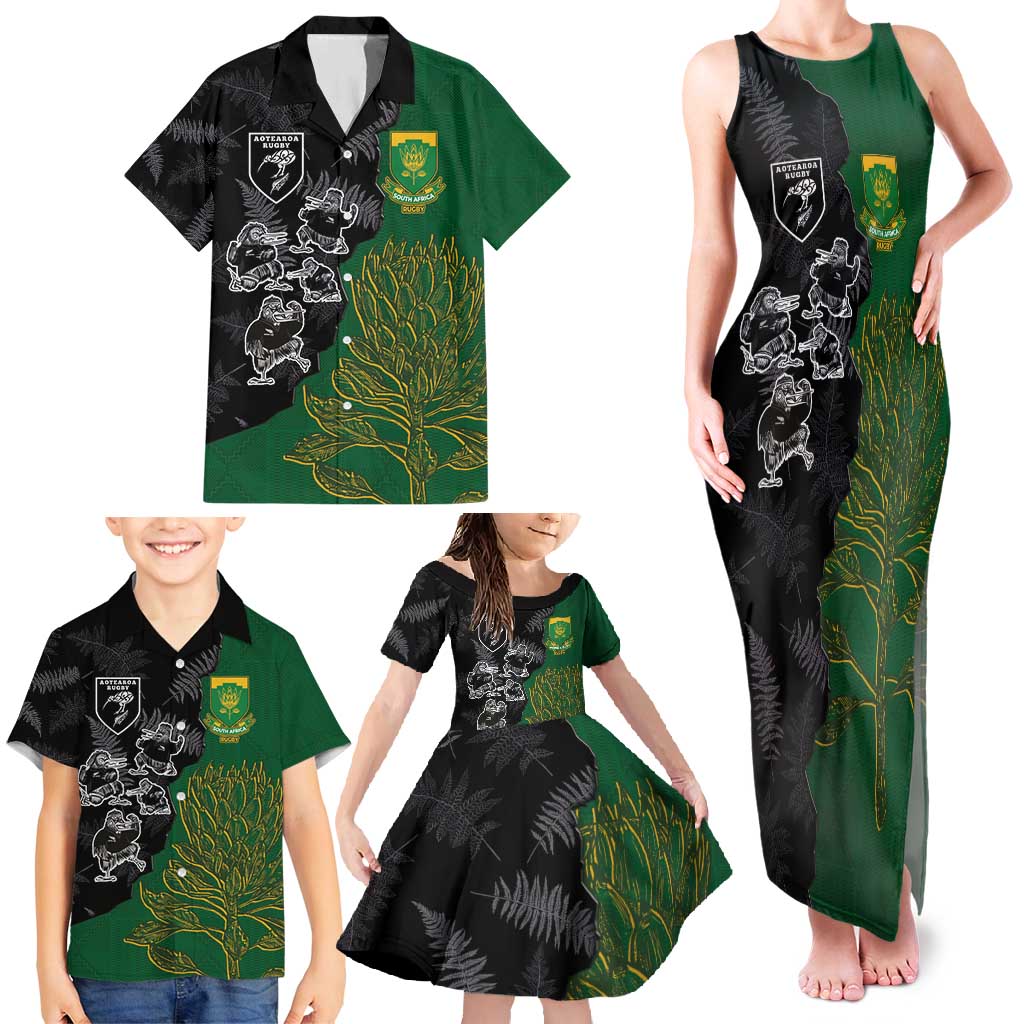 Custom Aotearoa South Africa Rugby Freedom Cup Family Matching Tank Maxi Dress and Hawaiian Shirt Kiwi Warriors Haka with King Protea Symbol LT03 - Polynesian Pride