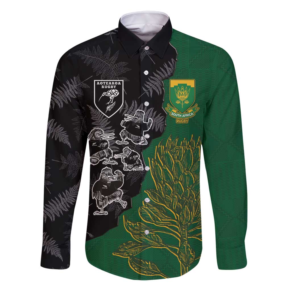 Custom Aotearoa South Africa Rugby Freedom Cup Family Matching Tank Maxi Dress and Hawaiian Shirt Kiwi Warriors Haka with King Protea Symbol LT03 Dad's Shirt - Long Sleeve Green - Polynesian Pride