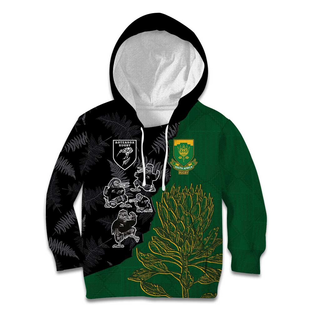 Custom Aotearoa South Africa Rugby Freedom Cup Kid Hoodie Kiwi Warriors Haka with King Protea Symbol - Polynesian Pride