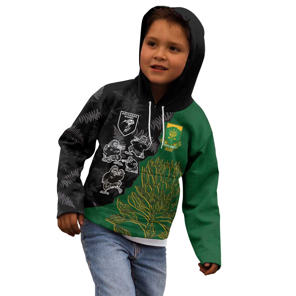 Custom Aotearoa South Africa Rugby Freedom Cup Kid Hoodie Kiwi Warriors Haka with King Protea Symbol - Polynesian Pride