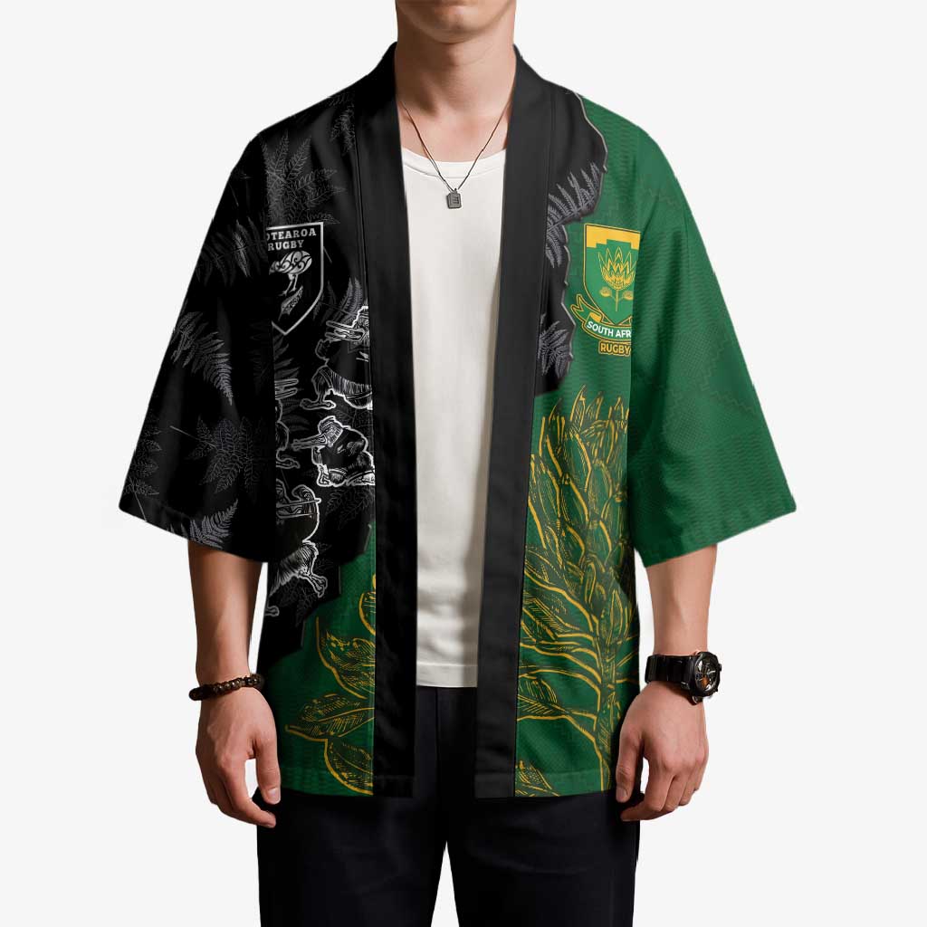 Custom Aotearoa South Africa Rugby Freedom Cup Kimono Kiwi Warriors Haka with King Protea Symbol - Polynesian Pride