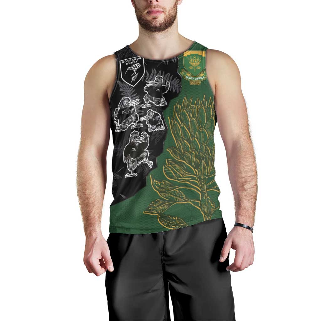 Custom Aotearoa South Africa Rugby Freedom Cup Men Tank Top Kiwi Warriors Haka with King Protea Symbol - Polynesian Pride