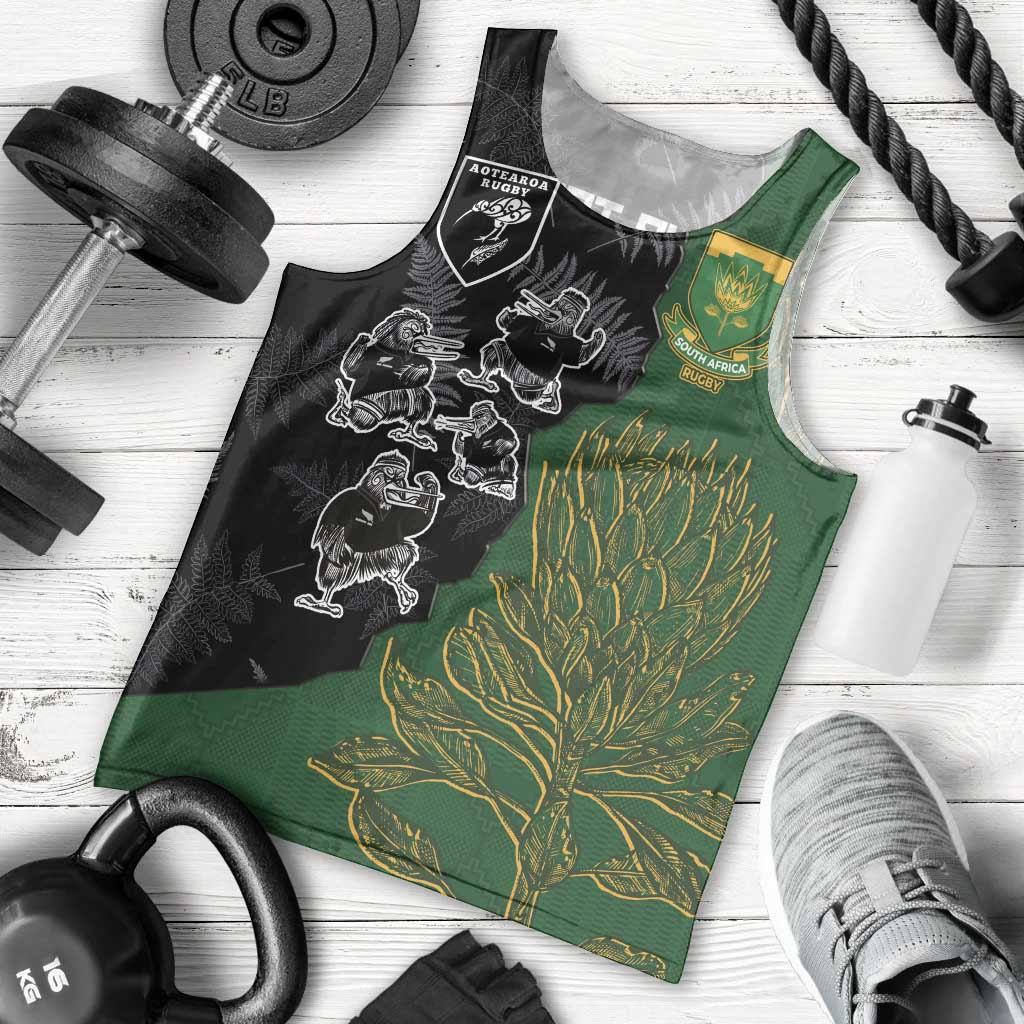 Custom Aotearoa South Africa Rugby Freedom Cup Men Tank Top Kiwi Warriors Haka with King Protea Symbol - Polynesian Pride