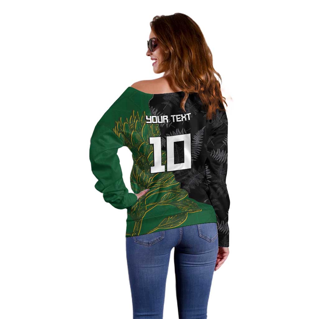 Custom Aotearoa South Africa Rugby Freedom Cup Off Shoulder Sweater Kiwi Warriors Haka with King Protea Symbol - Polynesian Pride