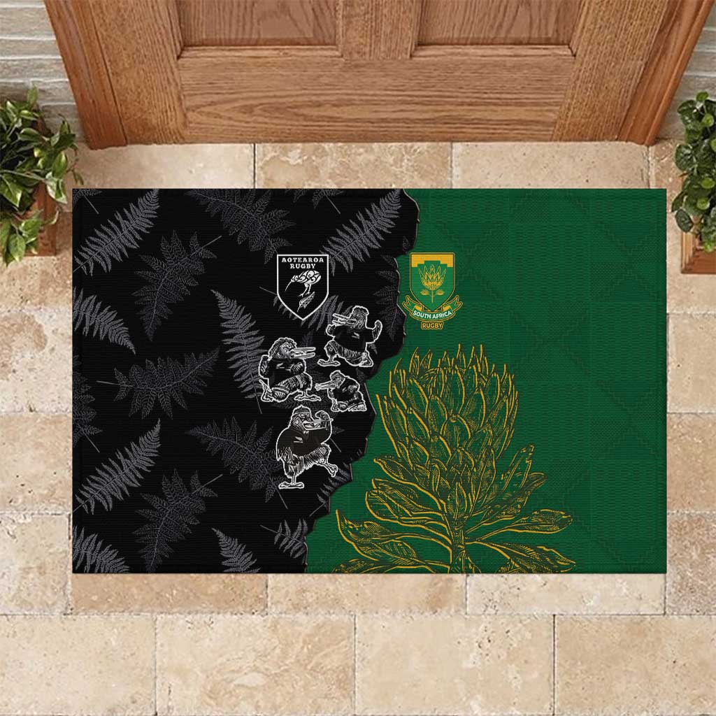 Aotearoa South Africa Rugby Freedom Cup Rubber Doormat Kiwi Warriors Haka with King Protea Symbol LT03 Green - Polynesian Pride