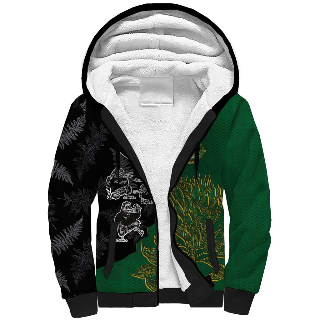 Custom Aotearoa South Africa Rugby Freedom Cup Sherpa Hoodie Kiwi Warriors Haka with King Protea Symbol LT03 Unisex Green - Polynesian Pride