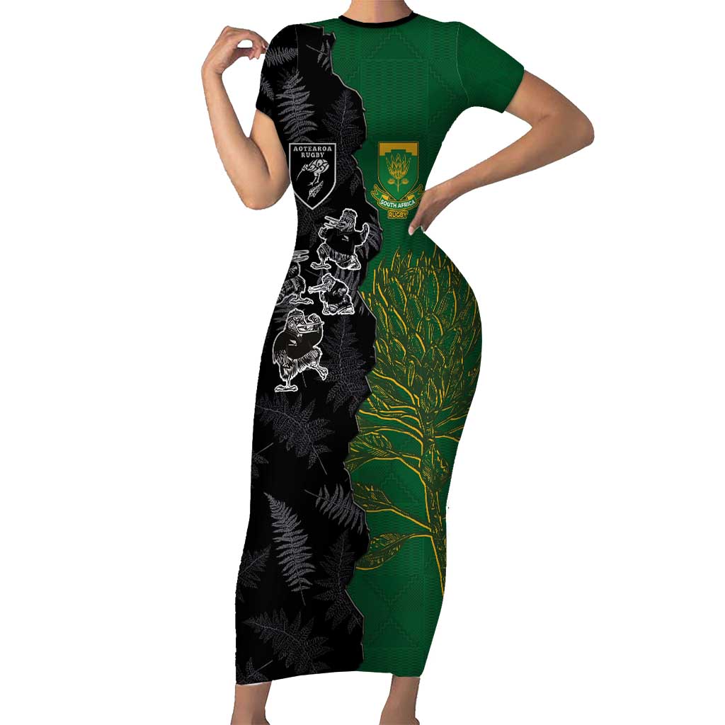 Custom Aotearoa South Africa Rugby Freedom Cup Short Sleeve Bodycon Dress Kiwi Warriors Haka with King Protea Symbol LT03 Long Dress Green - Polynesian Pride