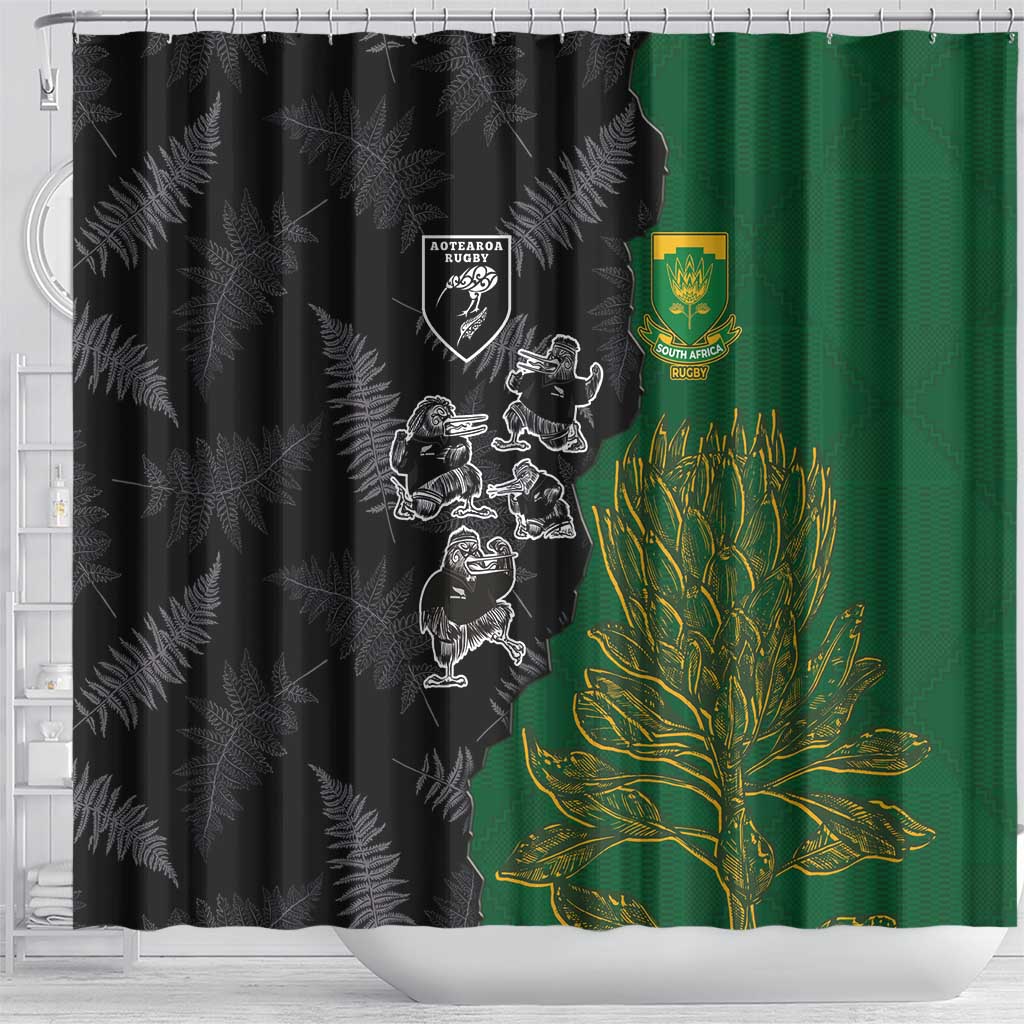 Aotearoa South Africa Rugby Freedom Cup Shower Curtain Kiwi Warriors Haka with King Protea Symbol - Polynesian Pride