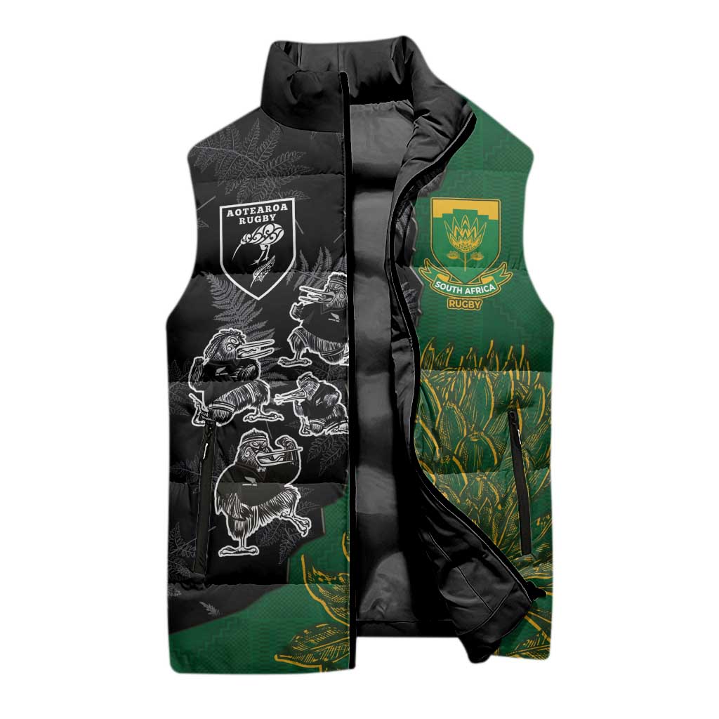 Custom Aotearoa South Africa Rugby Freedom Cup Sleeveless Puffer Jacket Kiwi Warriors Haka with King Protea Symbol - Polynesian Pride