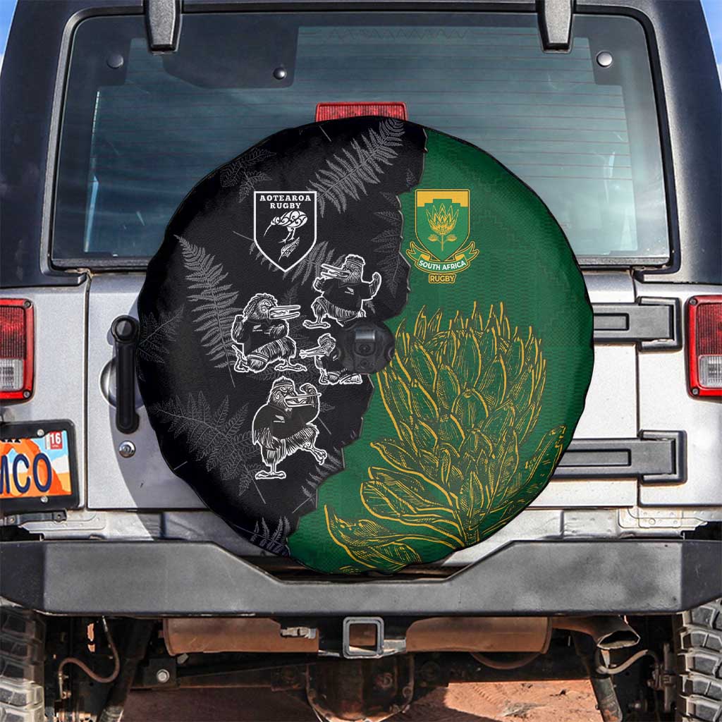 Aotearoa South Africa Rugby Freedom Cup Spare Tire Cover Kiwi Warriors Haka with King Protea Symbol - Polynesian Pride