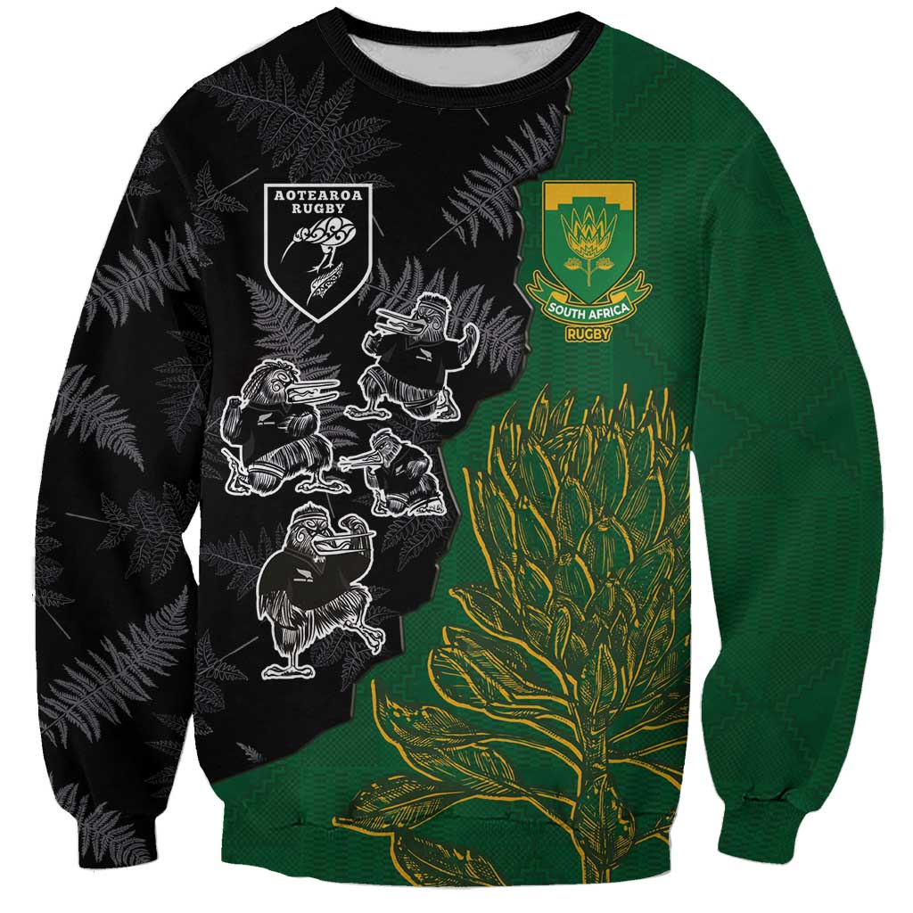 Custom Aotearoa South Africa Rugby Freedom Cup Sweatshirt Kiwi Warriors Haka with King Protea Symbol - Polynesian Pride