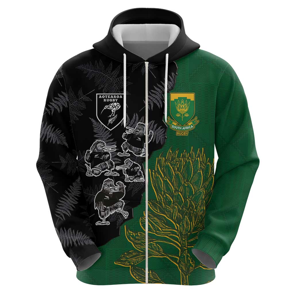 Custom Aotearoa South Africa Rugby Freedom Cup Zip Hoodie Kiwi Warriors Haka with King Protea Symbol LT03 - Polynesian Pride