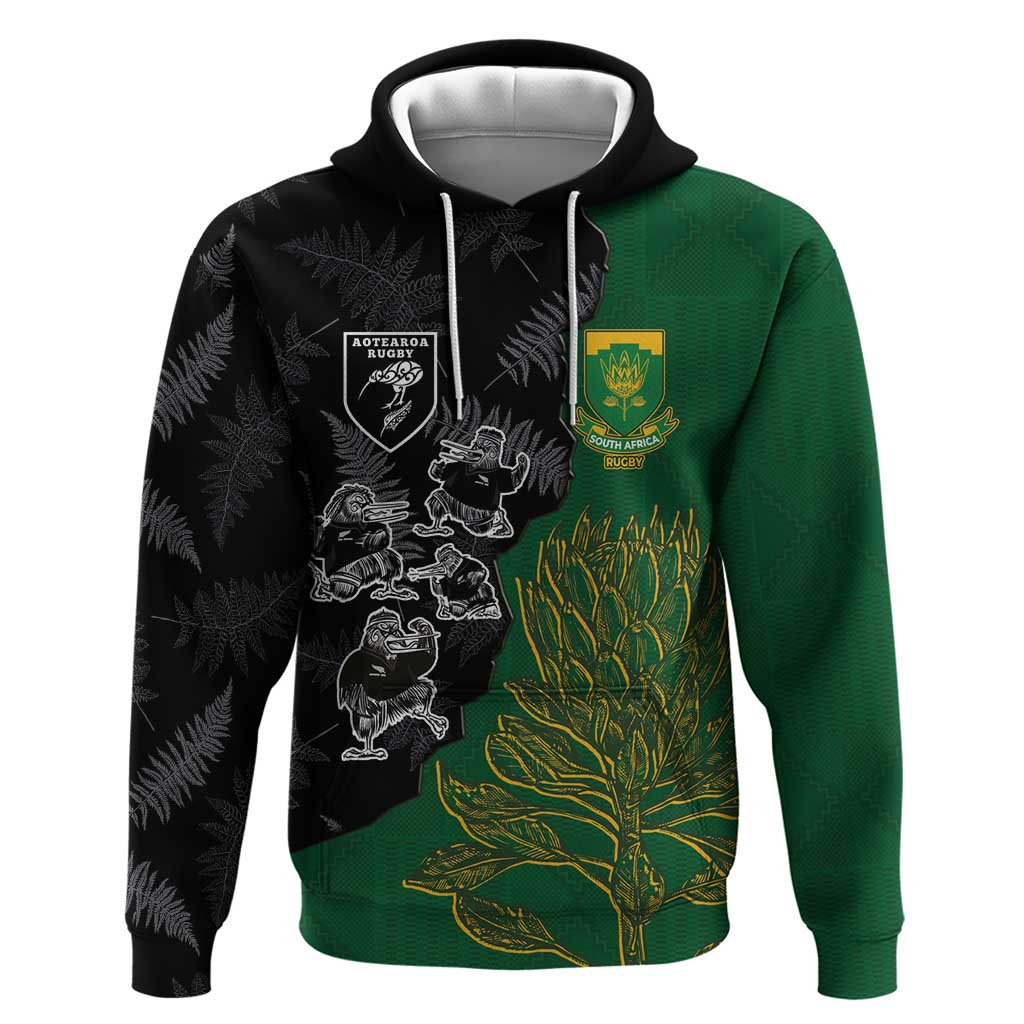 Custom Aotearoa South Africa Rugby Freedom Cup Zip Hoodie Kiwi Warriors Haka with King Protea Symbol LT03 Pullover Hoodie Green - Polynesian Pride