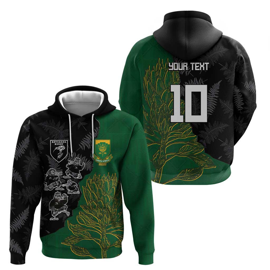 Custom Aotearoa South Africa Rugby Freedom Cup Zip Hoodie Kiwi Warriors Haka with King Protea Symbol LT03 - Polynesian Pride