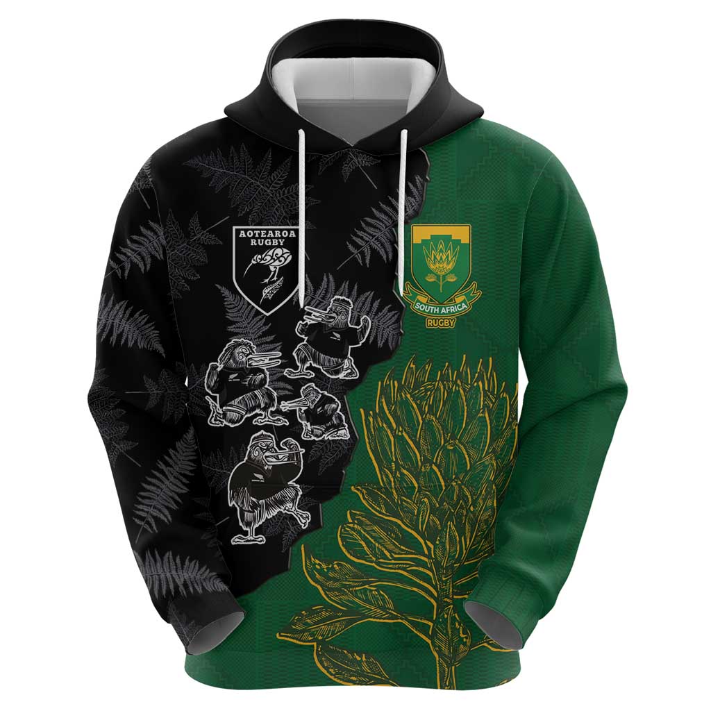 Custom Aotearoa South Africa Rugby Freedom Cup Zip Hoodie Kiwi Warriors Haka with King Protea Symbol LT03 - Polynesian Pride