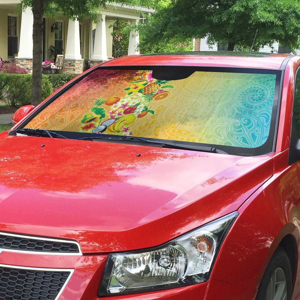Hawaiian Tropical Fruits and Plants Auto Sun Shade Kakau Pattern Summer Vibe