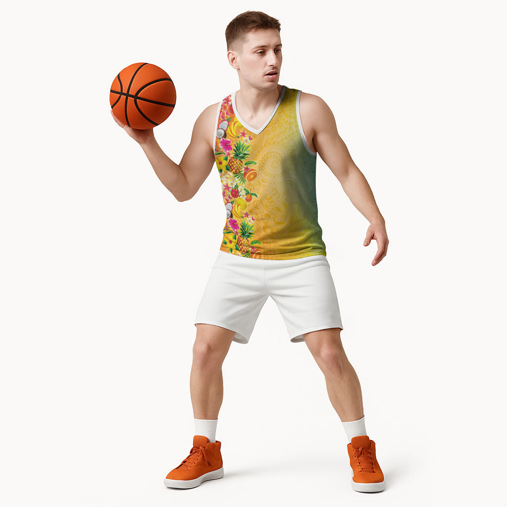 Hawaiian Tropical Fruits and Plants Basketball Jersey Kakau Pattern Summer Vibe