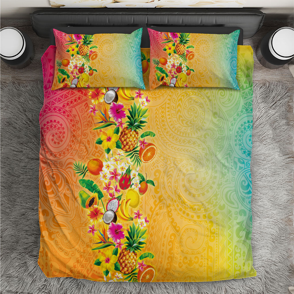 Hawaiian Tropical Fruits and Plants Bedding Set Kakau Pattern Summer Vibe LT03 Multicolor - Polynesian Pride