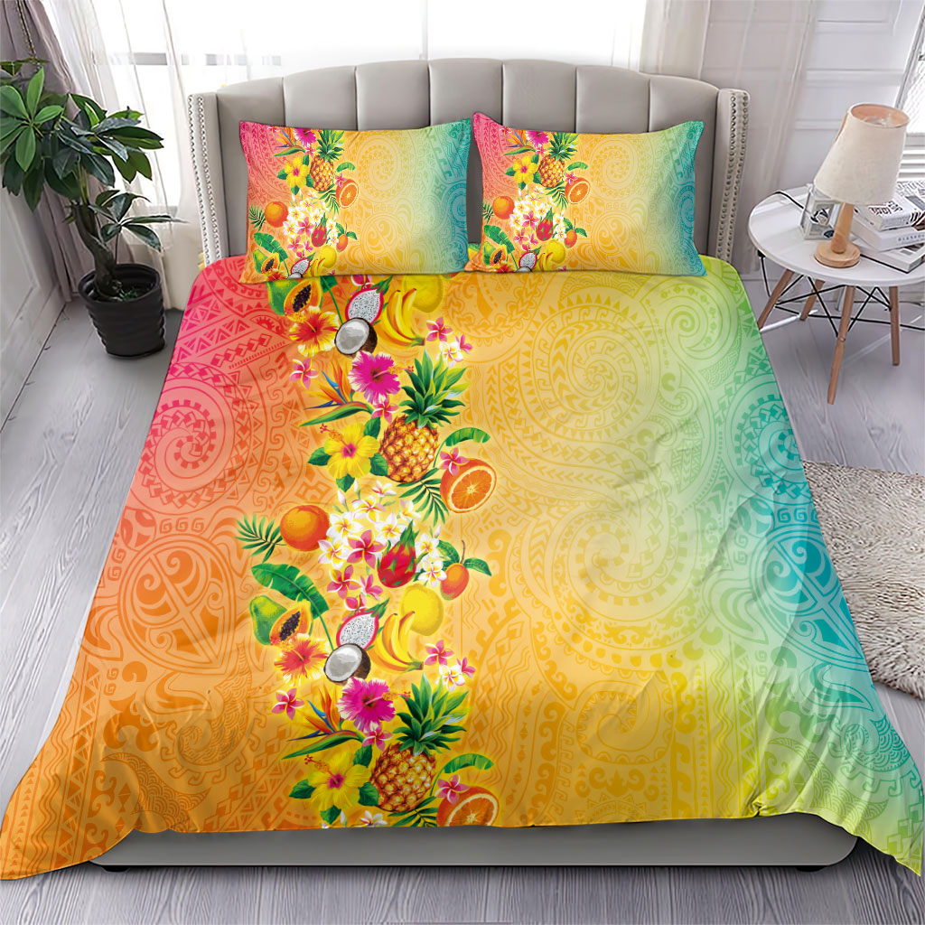Hawaiian Tropical Fruits and Plants Bedding Set Kakau Pattern Summer Vibe