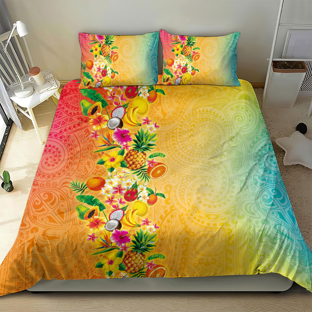 Hawaiian Tropical Fruits and Plants Bedding Set Kakau Pattern Summer Vibe