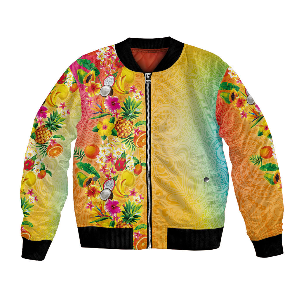 Hawaiian Tropical Fruits and Plants Bomber Jacket Kakau Pattern Summer Vibe