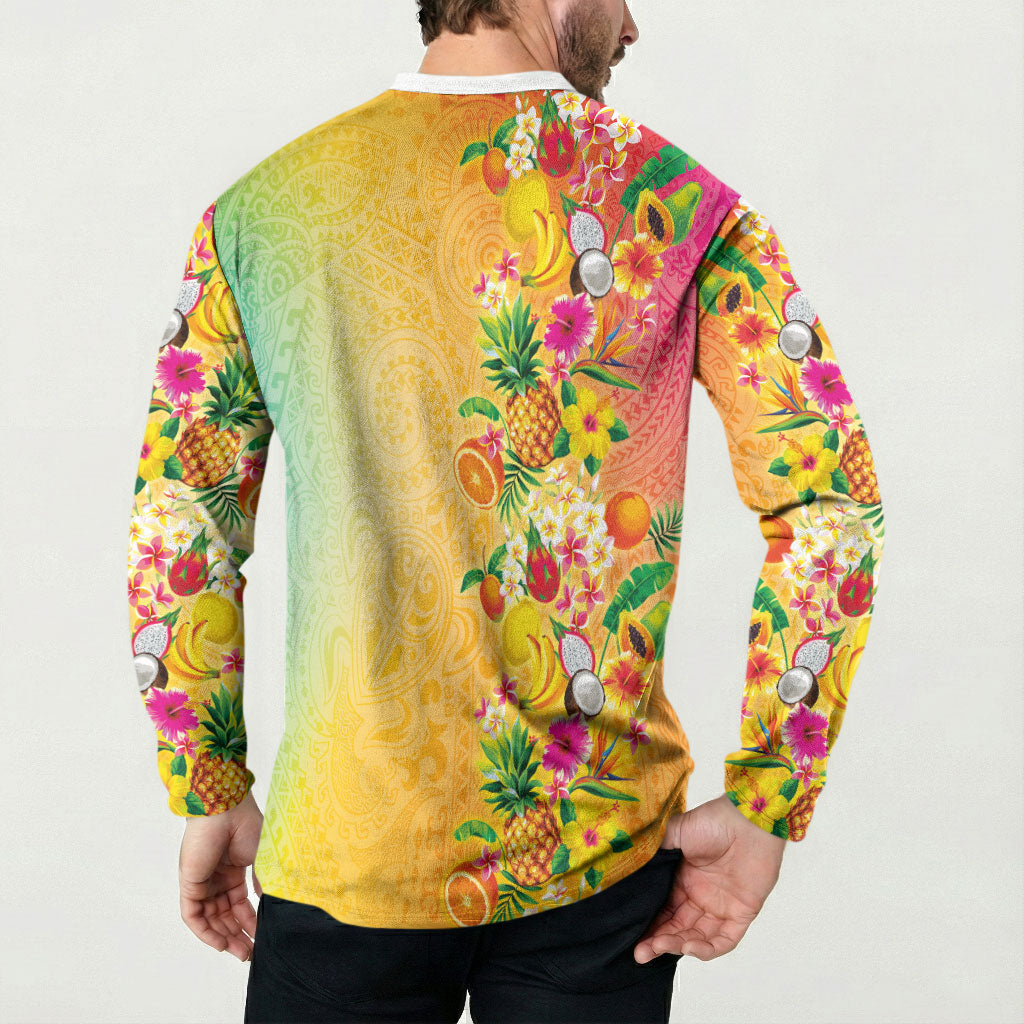 Hawaiian Tropical Fruits and Plants Button Sweatshirt Kakau Pattern Summer Vibe
