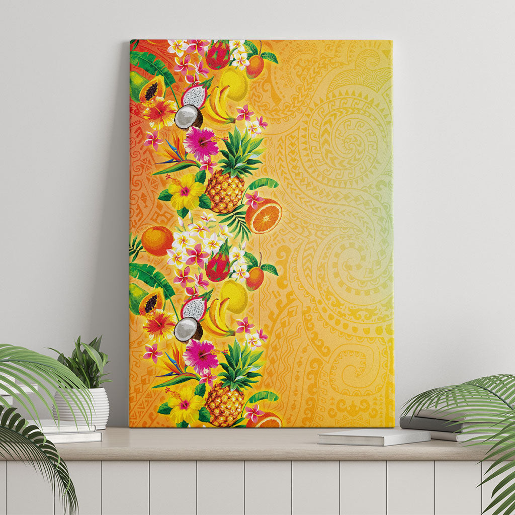Hawaiian Tropical Fruits and Plants Canvas Wall Art Kakau Pattern Summer Vibe